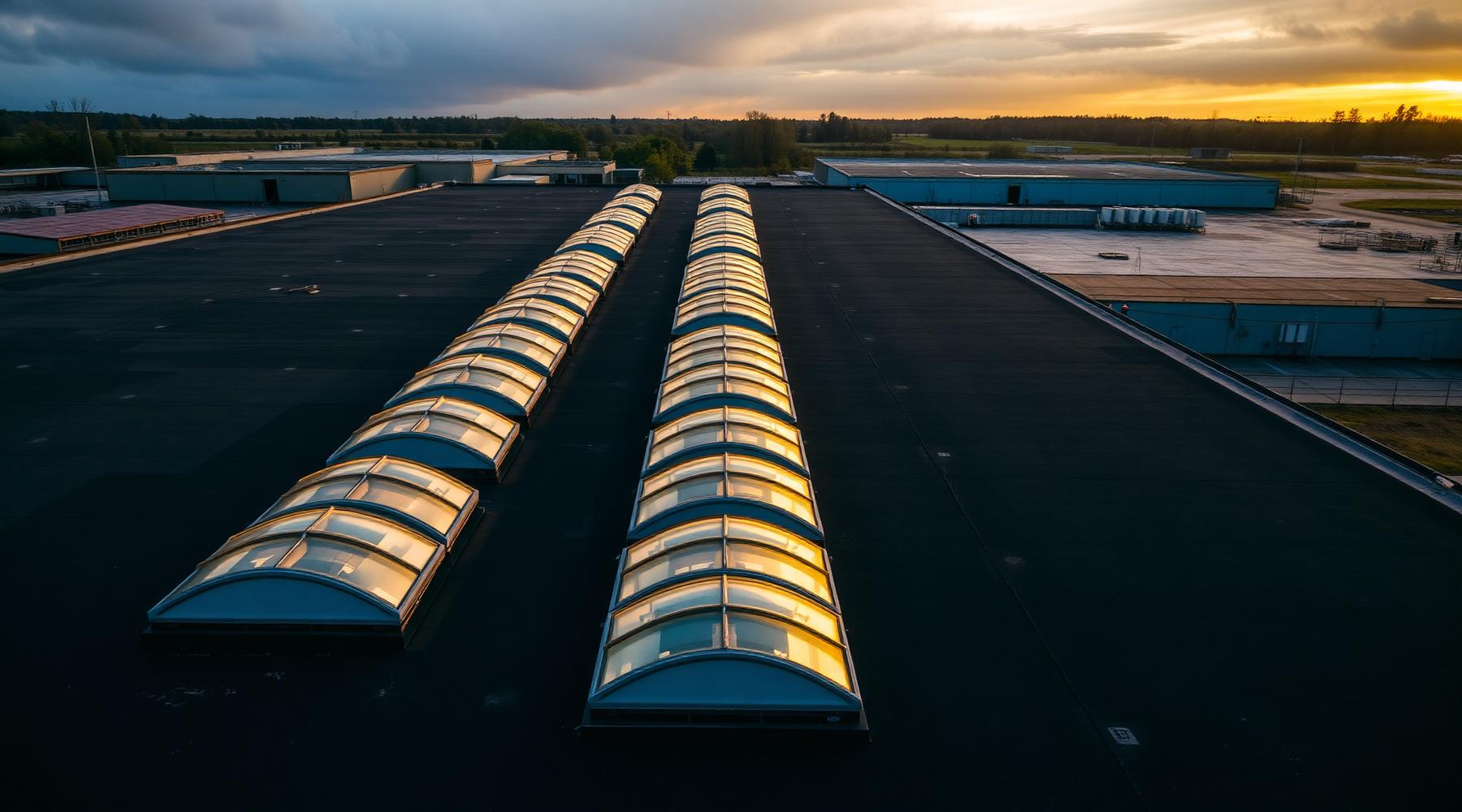 Luchtfoto van industriële lichtstraten bij zonsondergang